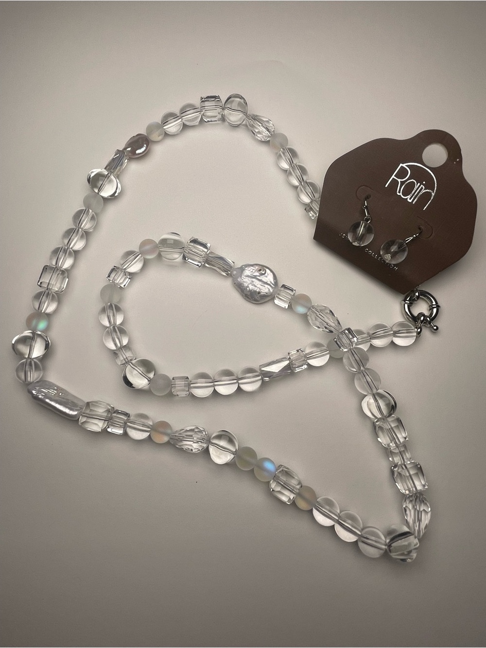 Rain Clear and Iridescent Beaded Necklace and Earring Set